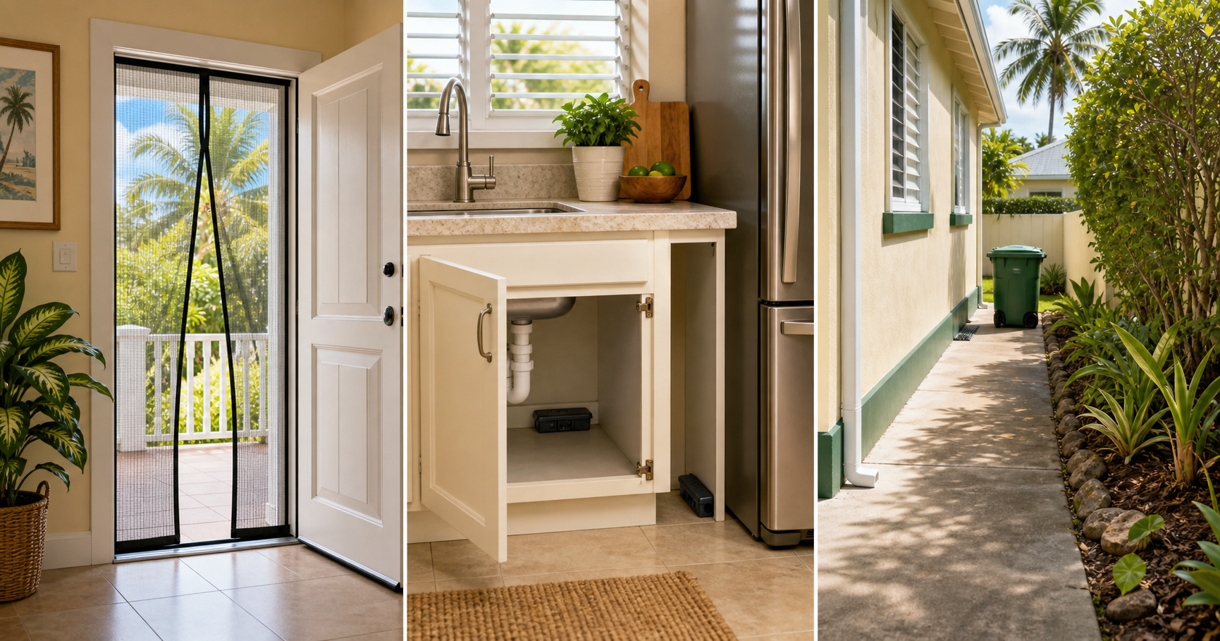 Three-part treatment sequence showing a magnetic insect screen, discreet bait stations under a kitchen sink, and a clean dry exterior perimeter